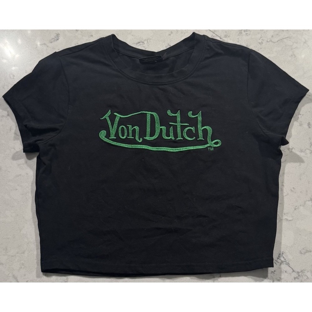 Von Dutch Cropped Baby Tee Womens Large Black Green Embroidered Script Logo